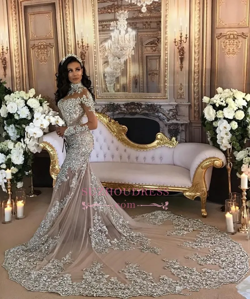 Silver Luxury Lace Long-Sleeve Mermaid High-Neck Wedding Dresses BH-362