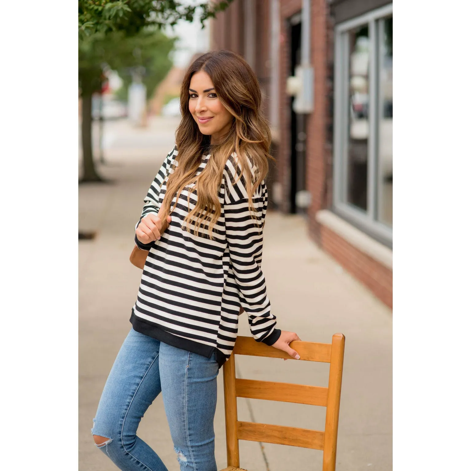 Stripe Solid Trimmed Sweatshirt