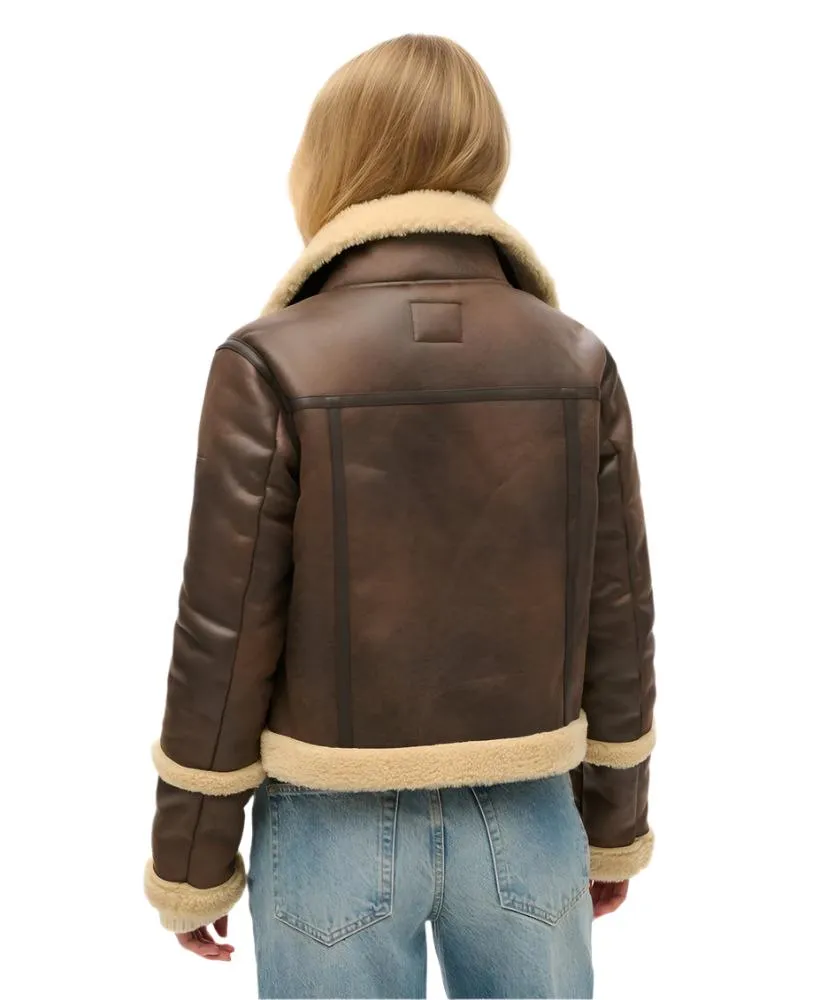 Superdry Womens Faux Shearling Crop Jacket Dark Brown