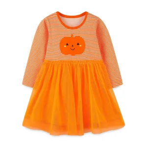 Toddler/Kid Girl's Orange Halloween Pumpkin Design Long Sleeve Dress