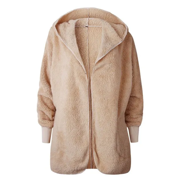 Trendy Women's Fluffy Faux Wool Cardigan With Hood For Autumn Winter