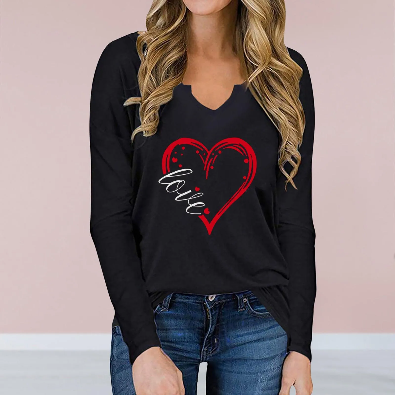 Vneck ValentineDay Printed Tshirt Cross Border long Sleeved Loose Top