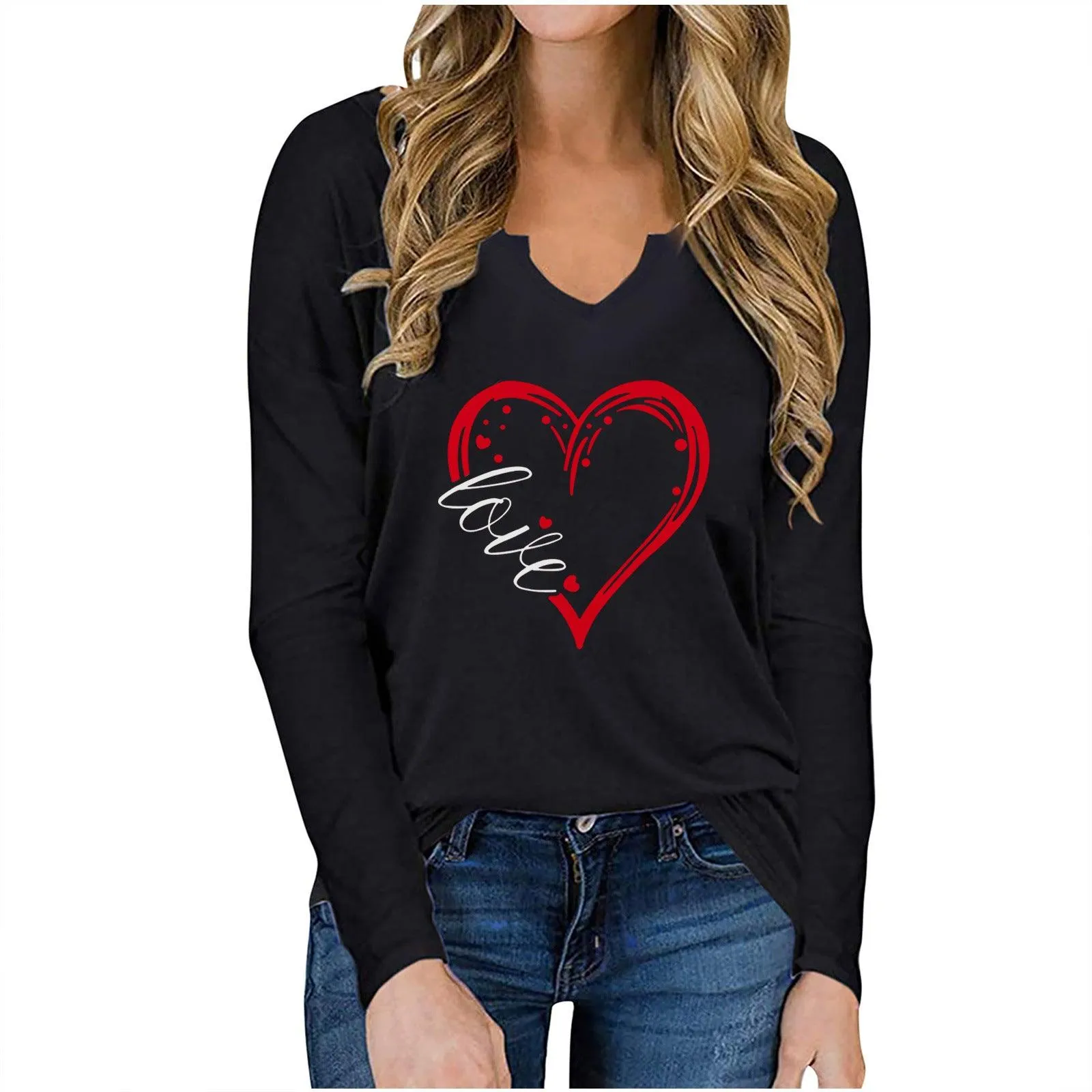 Vneck ValentineDay Printed Tshirt Cross Border long Sleeved Loose Top