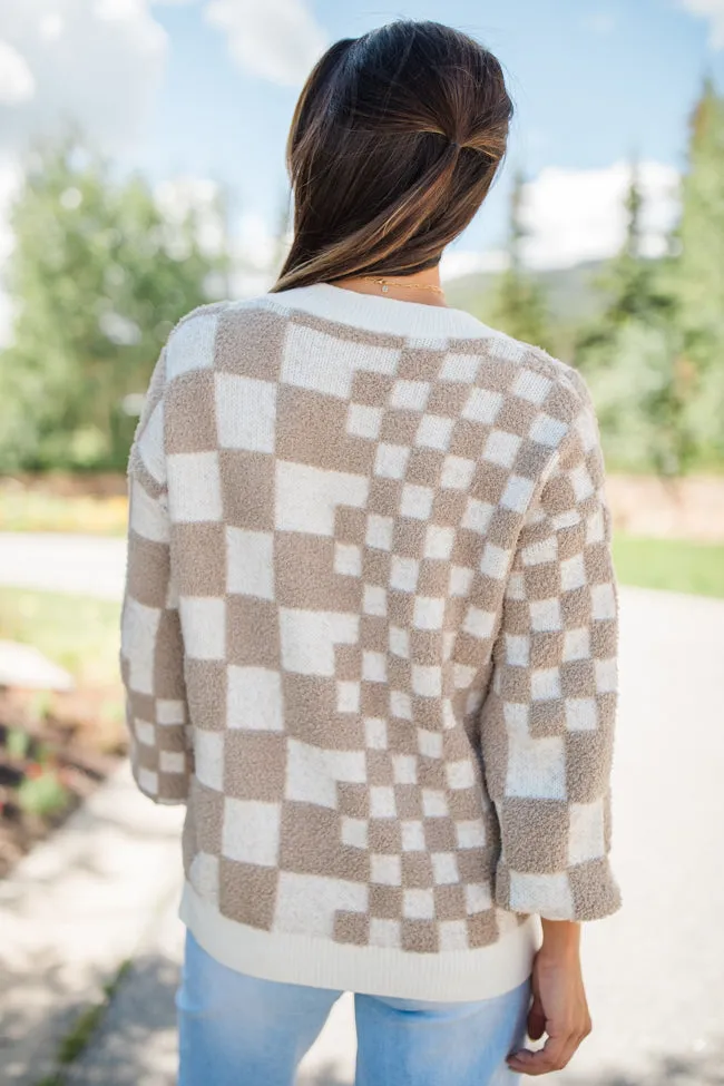 Warm Hearts Taupe Fuzzy Checkered V-neck Sweater FINAL SALE