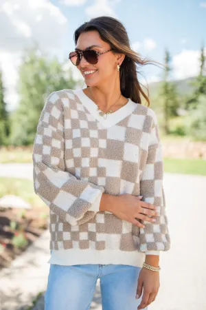 Warm Hearts Taupe Fuzzy Checkered V-neck Sweater FINAL SALE