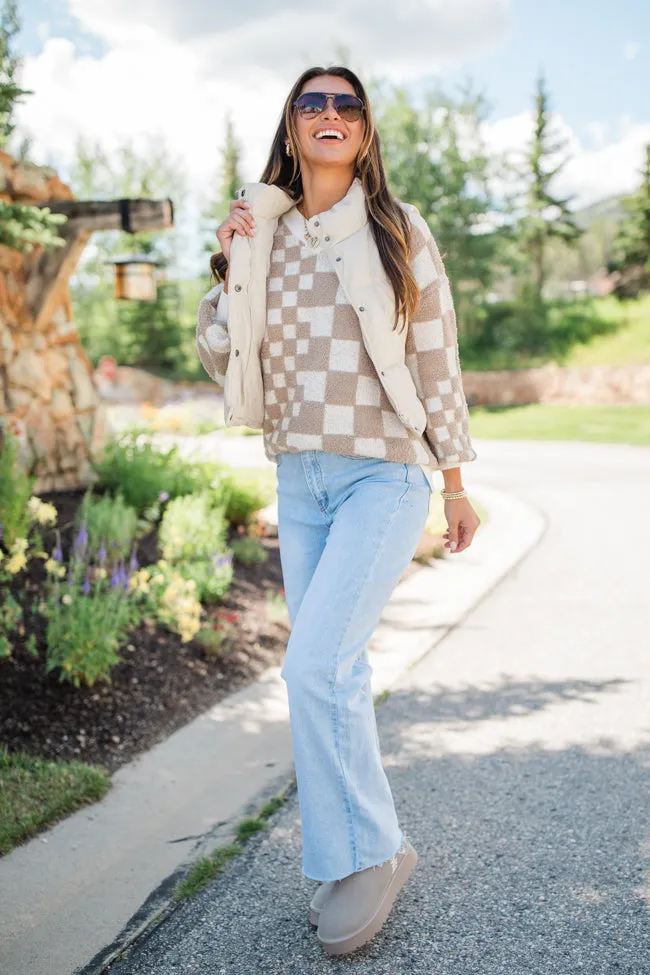 Warm Hearts Taupe Fuzzy Checkered V-neck Sweater FINAL SALE