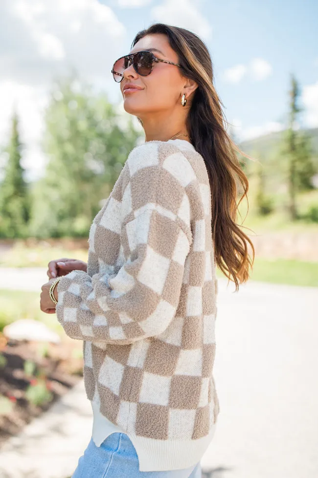 Warm Hearts Taupe Fuzzy Checkered V-neck Sweater FINAL SALE