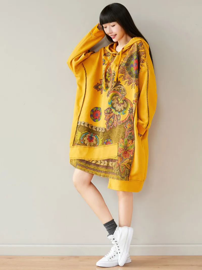 Women's  Fashionable Printed Side Pockets Hoodie Dress