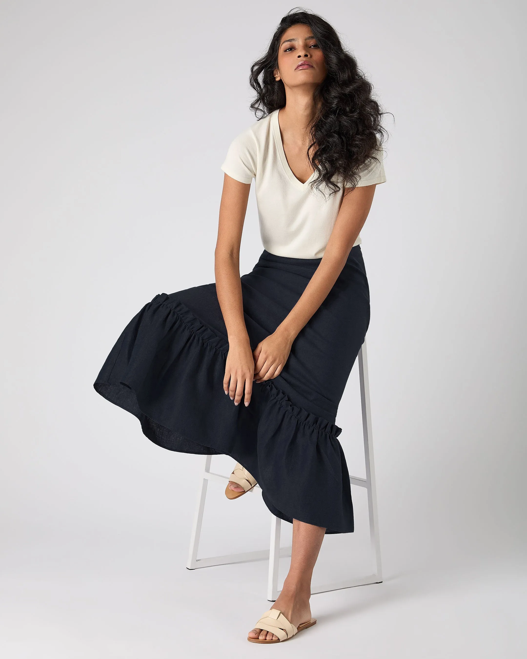 Women's Sofia Ruffle Linen Skirt Navy Blue